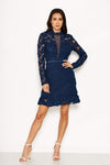 Navy Lace Dress With Frill Hem And Cut Out Back