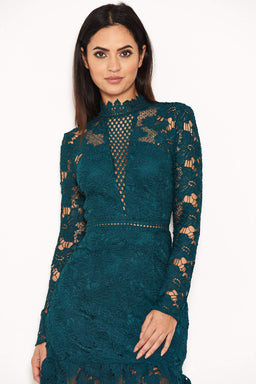 Teal Lace Dress With Frill Hem And Cut Out Back