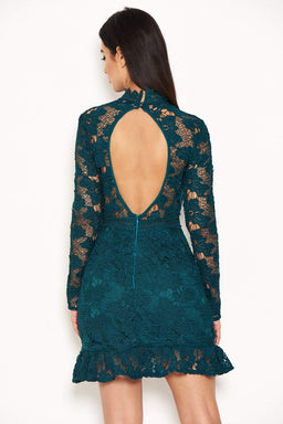 Teal Lace Dress With Frill Hem And Cut Out Back