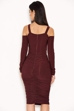 Plum Slinky Ruched Cold Shoulder Dress