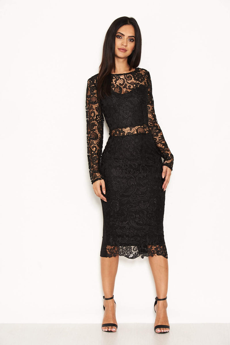Caris black long hotsell sleeve lace bodycon dress