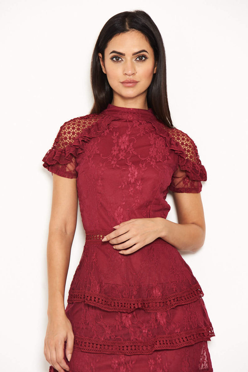 Plum High Neck Lace Layer Frill Mini Dress AX Paris