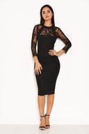 Black Sheer Lace Panel Midi Dress