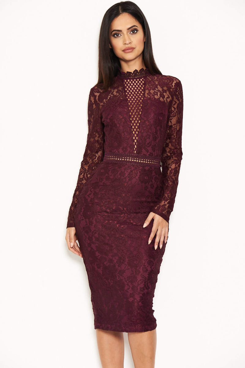 Plum High Neck Lace Dress With Frill Hem