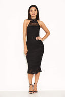 Black Lace Halterneck Dress With Frill Hem