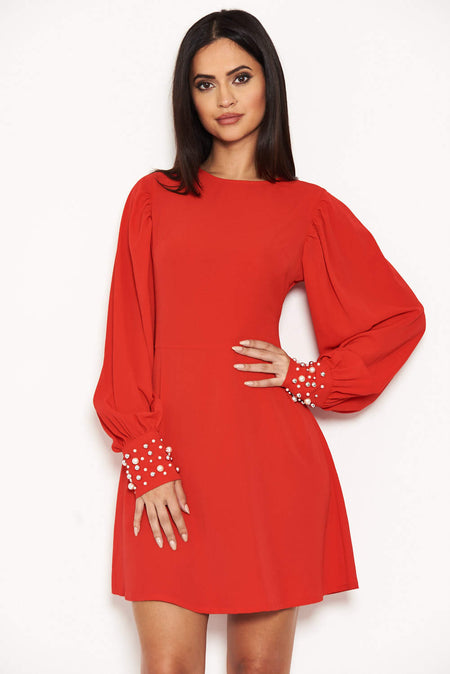Red Pearl Detailed Mini Dress