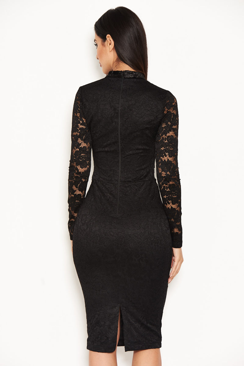 Black Lace Velvet Waist Midi Dress