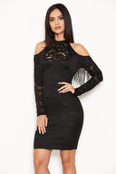 Black Lace Fringe Detailed Dress