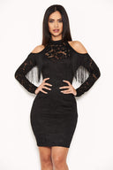 Black Lace Fringe Detailed Dress