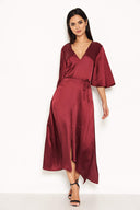 Plum Midi Dress With Ruffle Sleeves And Tie Waist