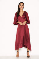 Plum Midi Dress With Ruffle Sleeves And Tie Waist