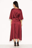 Plum Midi Dress With Ruffle Sleeves And Tie Waist