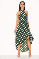 Green Polka Dot High Neck Wrap Dress