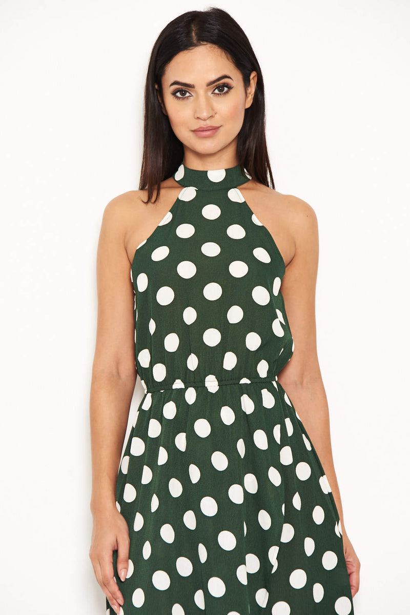 Green Polka Dot High Neck Wrap Dress