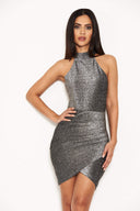 Grey Metallic Bodycon Dress With Halterneck