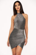 Grey Metallic Bodycon Dress With Halterneck