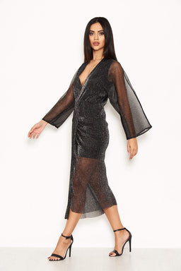 Black Sparkle Wrap Dress With Plunge Neck