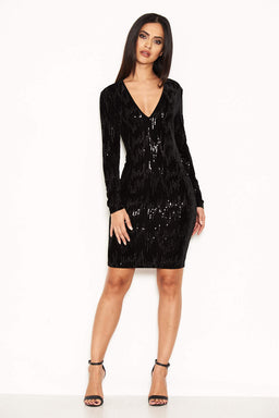 Black Plunge Mini Dress With Sequin Detail