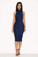 Blue Ruched Midi Dress With High Neck