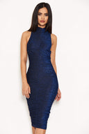 Blue Ruched Midi Dress With High Neck