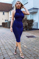 Blue Ruched Midi Dress With High Neck