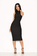 Black Ruched Midi Dress With High Neck