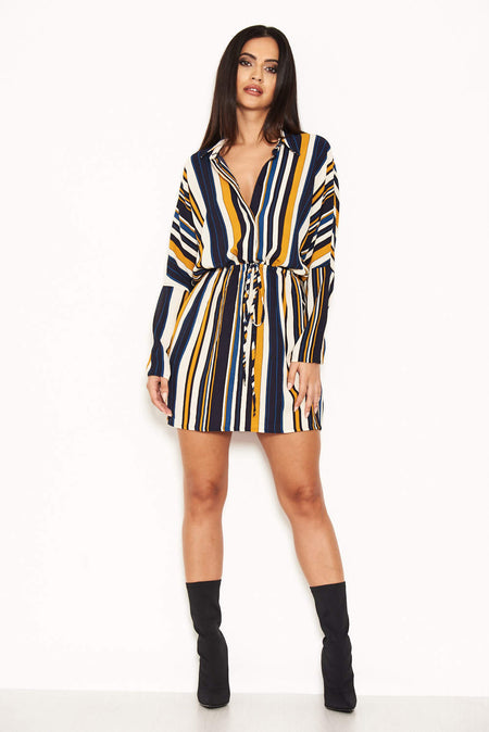Navy Stripe Waist Tie Shirt Dress