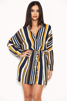 Navy Stripe Waist Tie Shirt Dress