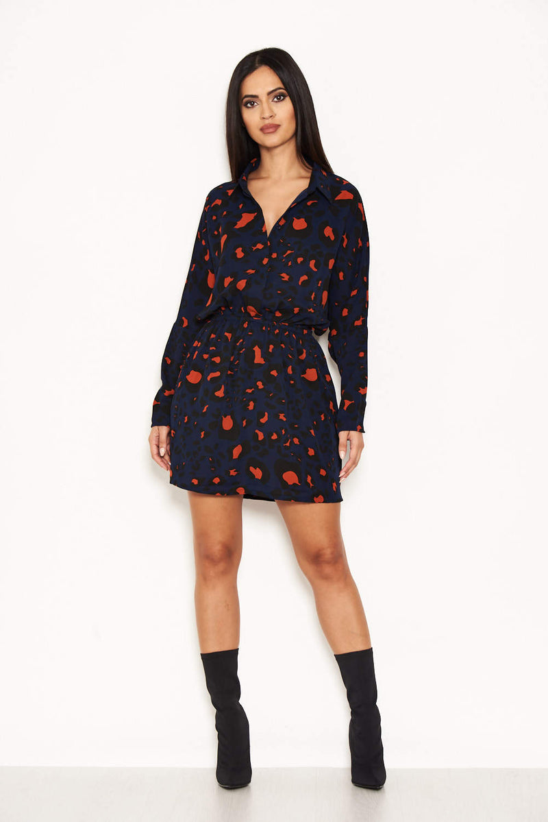 Blue Animal Print Tie Waist Shirt Dress