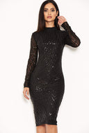 Black Long Sleeved Sequin Midi Dress