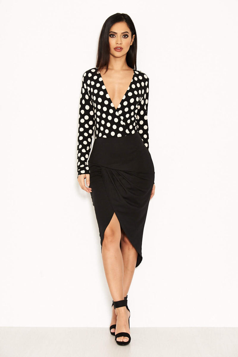 Black Polka Dot Contrast Wrap Dress