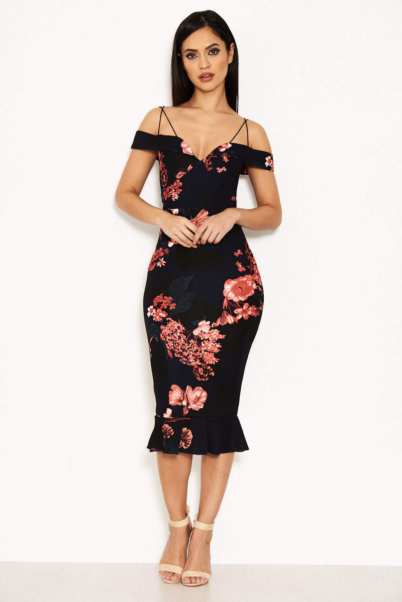 Navy Floral Strappy Frill Hem Dress AX Paris