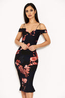 Navy Floral Strappy Frill Hem Dress