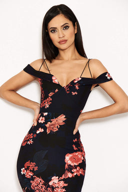 Navy Floral Strappy Frill Hem Dress