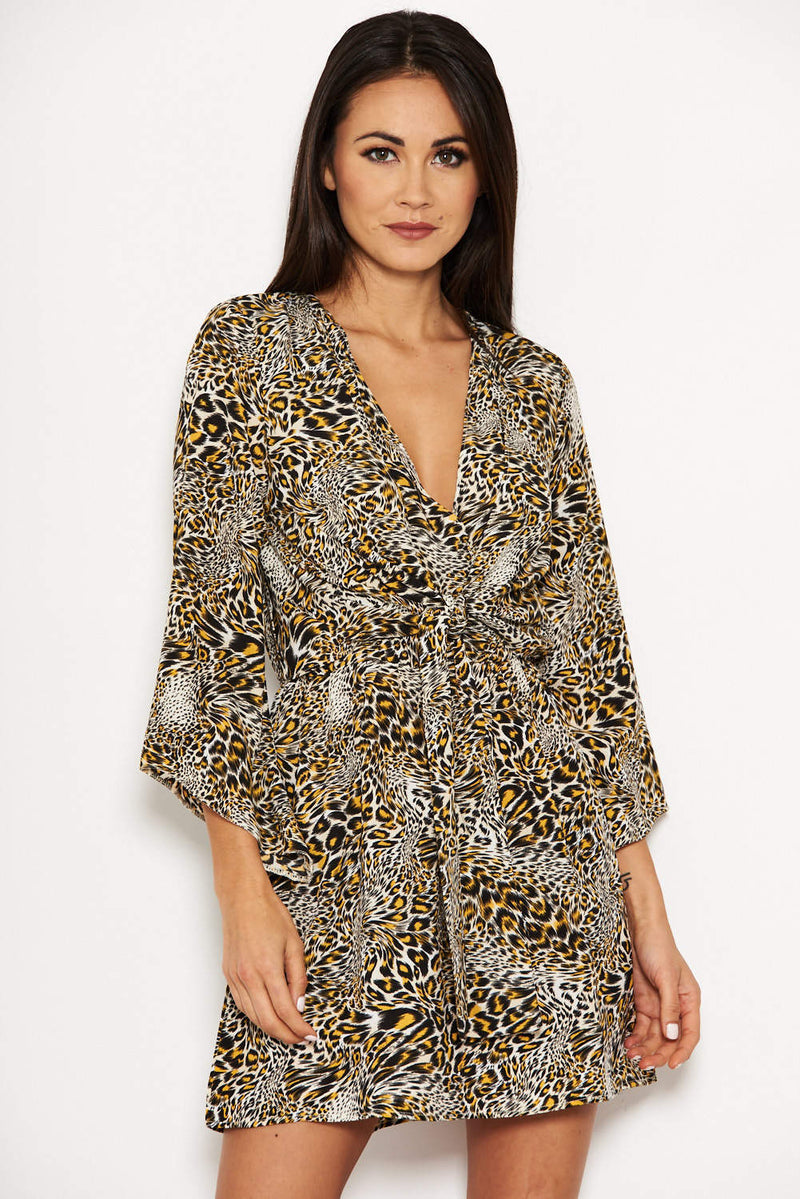 Animal Print Asymmetrical Sleeve Dress