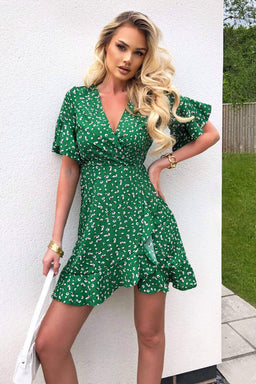Green Patterned Wrap Frill Mini Dress – AX Paris