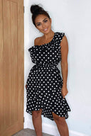 Black Polka Dot One Shoulder Frill Dress