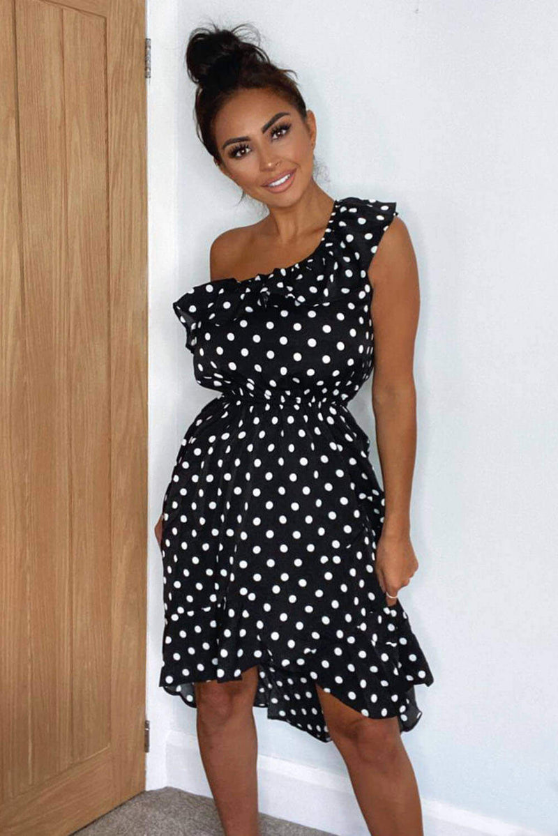 Black and white polka dot one shoulder dress sale