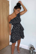 Black Polka Dot One Shoulder Frill Dress