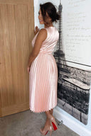 Pink Satin Pleated Wrap Dress