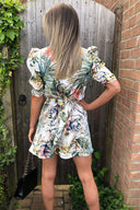 Cream Tropical Print Puff Sleeve Skater Dress