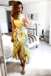 Yellow Frilled Floral Midi Dress with Side Slip