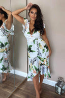 Cream Tropical Print Frill Wrap Dress With D Ring Belt