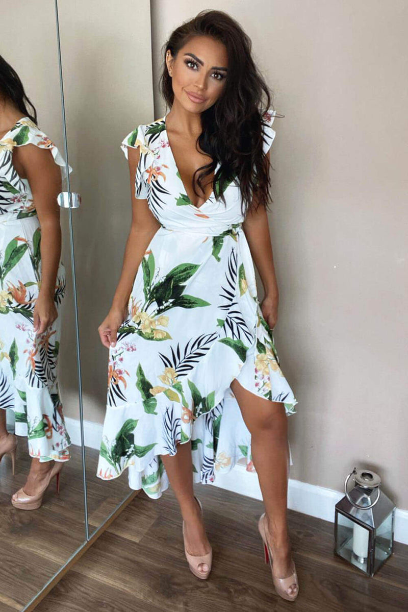 Cream Tropical Print Frill Wrap Dress With D Ring Belt