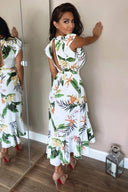 Cream Tropical Print Frill Wrap Dress With D Ring Belt