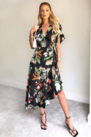 Black Printed Floral Frill Hem Dress