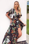 Black Printed Floral Frill Hem Dress