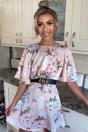 Pink Floral Print Flute Sleeve Dress