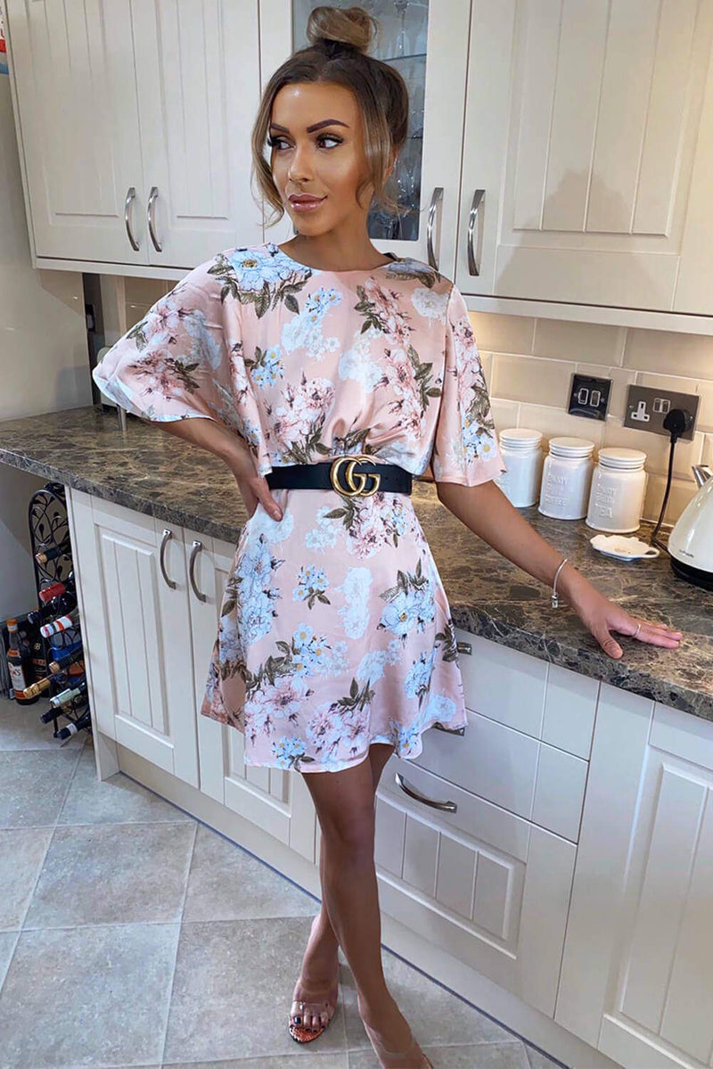 Pink Floral Print Flute Sleeve Dress