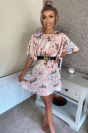 Pink Floral Print Flute Sleeve Dress